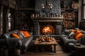 Rustic village house with spacious bright living room featuring dark cracked pepper color interior
