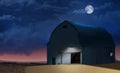 A rustic vintage farm barn is seen at night with a full moon above and roiling dark clouds across the sky