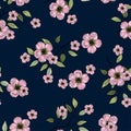 Rustic vintage green leaves and hand sketched pink daisies flowers seamless pattern on dark blue background. Botanical vector