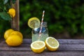 A rustic vintage jar of fresh homemade lemonade with some sliced and whole lemons and some lemon tree branches Royalty Free Stock Photo