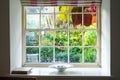 Rustic vintage sash window frame looking out to a lush English country garden with hanging red vine leaves Royalty Free Stock Photo