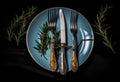Rustic vintage set of cutlery knife, spoon, fork. Black background. Top view. Created with Generative AI technology. Royalty Free Stock Photo