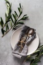 Rustic Vintage Set Of Cutlery. Plate With Grey Linen Napkin, Fork And Spoon, Olive Tree Branch Over Rustic Concrete Gray Old Backg