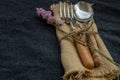 Rustic vintage set of wooden spoon and fork on black background Royalty Free Stock Photo