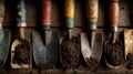Rustic Vintage Shovels with Soil on Wooden Background Royalty Free Stock Photo