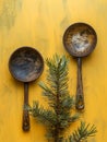 Rustic Vintage Spoons on Yellow Background with Pine Branch Antique Kitchen Utensils on Rustic Background Retro Cooking Tools