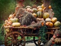 Rustic wagon laden with pumpkins and hay. Autumn farmer\'s crop