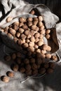 Rustic Walnuts in Linen Bag on Natural Fabric Background Royalty Free Stock Photo