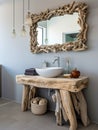 Rustic washstand made from solid wood logs. Interior design of modern eco bathroom. Created with generative AI