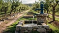 Village water pump beside stone trough and path leading into orchard rows Royalty Free Stock Photo