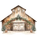 Rustic Watercolor Christmas Barn Dance with Fairy Lights and Mistletoe on White Background AI Generated