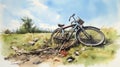 Rustic Watercolor Still-life: Crashed Bicycle In Grassy Field