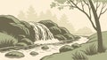 Rustic Waterfall and River Scene with Rocks, Peaceful Vector Art, vector design Generative AI Royalty Free Stock Photo