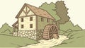 Rustic Watermill Building, Countryside Heritage Stream Power Vector, vector design Generative AI Royalty Free Stock Photo
