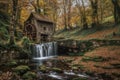 Rustic watermill surrounded by vibrant fall foliage and a cascading waterfall Royalty Free Stock Photo