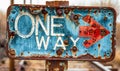 Rustic and weathered One Way sign with a directional arrow, on a rusty post, indicating a single direction against a clear Royalty Free Stock Photo