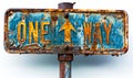 Rustic and weathered One Way sign with a directional arrow, on a rusty post, indicating a single direction against a clear Royalty Free Stock Photo