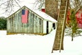 White Barn, American Flag, Ladder