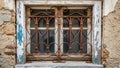 Rustic weathered window with decorative iron grate on stone wall Royalty Free Stock Photo
