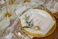 Rustic wedding table set. vintage dining table with decorations, flowers. Boho style. Table set for an event, party Royalty Free Stock Photo