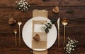 Rustic Wedding. Vintage gold cutlery with eucalyptus Royalty Free Stock Photo