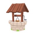 Rustic well with wooden roof and stone wall.