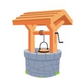 Rustic well with wooden roof and stone wall.