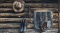 Rustic western life a captivating display of a hanging hat, spurs, saddle, and reywelt boots Royalty Free Stock Photo