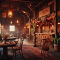 Rustic western saloon with bar, tables, chairs, and vintage decor.