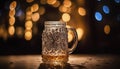 A rustic whiskey bottle on a wooden table, illuminated gold generated by AI Royalty Free Stock Photo