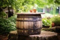 rustic whisky barrel on a wooden table outdoors