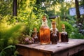 rustic whisky bottles on a wooden table with garden background