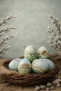 A rustic wicker basket contains beautifully hand-painted Easter eggs, each decorated with delicate spring scenes of blooming Royalty Free Stock Photo