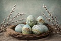 A rustic wicker basket contains beautifully hand-painted Easter eggs, each decorated with delicate spring scenes of blooming Royalty Free Stock Photo