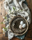 A rustic wicker basket contains beautifully hand-painted Easter eggs, each decorated with delicate spring scenes of blooming Royalty Free Stock Photo