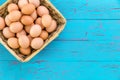 Rustic wicker basket with farm fresh brown eggs Royalty Free Stock Photo