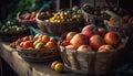 Rustic wicker basket holds juicy homegrown produce generated by AI