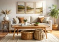 Rustic Wicker Baskets Under a Wooden Coffee Table in a Boho Living Room Royalty Free Stock Photo