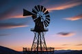 Rustic Windmill Silhouette Against a Twilight Sky, Vanes Motion Blurred as They Capture the Fading Light