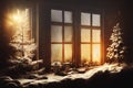 Rustic window covered with snow at christmas night. Idyllic xmas and new year vintage background. Winter holiday scene view trough