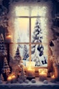 Rustic window decorated with Christmas ornaments and candles and cold winter scene outside