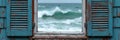 Rustic window frame overlooking crashing ocean waves on overcast day Royalty Free Stock Photo