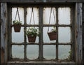 Rustic Window with Hanging Potted Plants Royalty Free Stock Photo