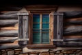 rustic window louver, with wooden slats and shutters, in mountain cabin