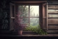 Rustic window and plants. AI generative