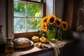 a rustic window sill with sunflowers and a simple plate of food