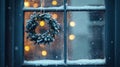 rustic window with wreath, flickering lights, and icy patterns . Royalty Free Stock Photo