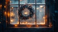 rustic window with wreath, flickering lights, and icy patterns . Royalty Free Stock Photo