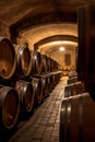 A rustic wine cellar with rows of oak wine barrels along a stone pathway, lit by warm ambient lighting Royalty Free Stock Photo