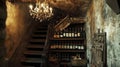 Rustic Wine Cellar with Stone Stairs and Chandelier Royalty Free Stock Photo